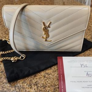 Saint Laurent YSL Cassandre Matelasse Envelope Chain Wallet in Beige